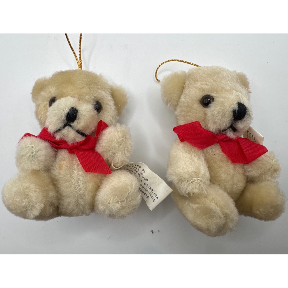 Vintage Cox Retail Group Plush Teddy Bear Christmas Ornaments Set of 2 Cream 3"